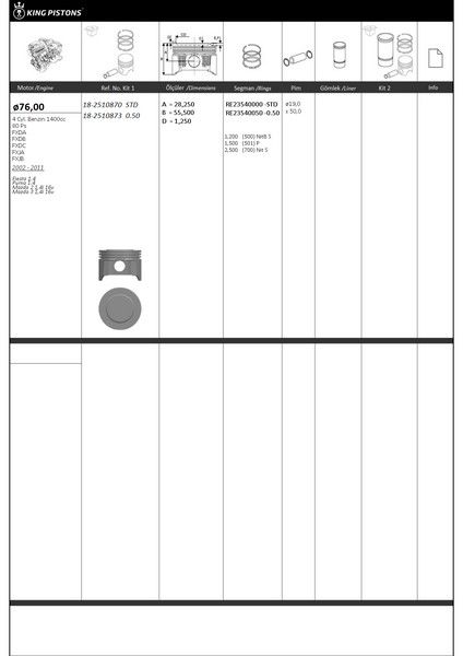 PİSTON KİTİ 1 76 STD FORD-MAZDA FİESTA 1.4 PUMA 1.4 MAZDA 2 14İ 16V MAZDA 3 14İ 16V FXDA-FXDB-FXDC -FXJA-FXJB-KINGPISTON 18-2510870