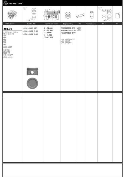 PİSTON KİTİ 1 81 0.50 VW-AUDI-SKODA-SEAT GOLF VI 16 GOLF III 16 PASSAT 16 VENTO 16 AUDİ A3CI 1.6 I AUDİ A4 1.6 SKODA OCTAVİA ADP-AEH-AEK-AFT-AHL-AKL-KINGPISTON 18-7010353