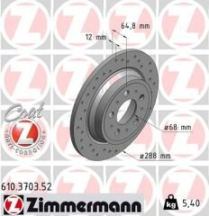 ARKA FREN AYNASI VOLVO S60 01-10 S70 01-05 S80 98-06 XC70 00-07 288x12x5DL DELİKLİ 986478495-DF4066-ZIMMERMANN 610.3703.52-9434167-94341674-94341670