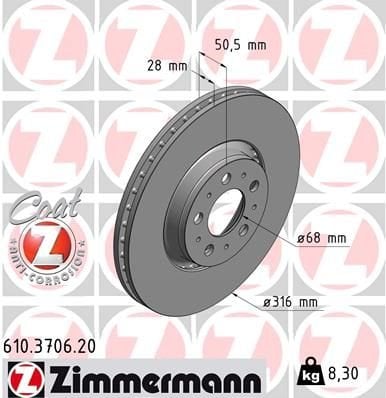 ON FREN DISK AYNA VOLVO S60 I 2.0 T -2.4 00 10 V70 II 2.4 05 08 XC90 I D3 / D5 09 14-ZIMMERMANN 610.3706.20-30636074 306360743 30736406