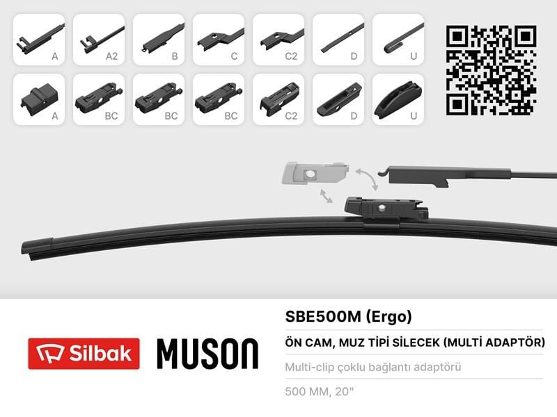 SİLECEK SÜPÜRGESİ MUZ TİPİ 500mm A. BC.C2.D VE U TİPİ KOLLAR ICIN MULTİ ADAPTORLÜ-SILBAK SBE500M