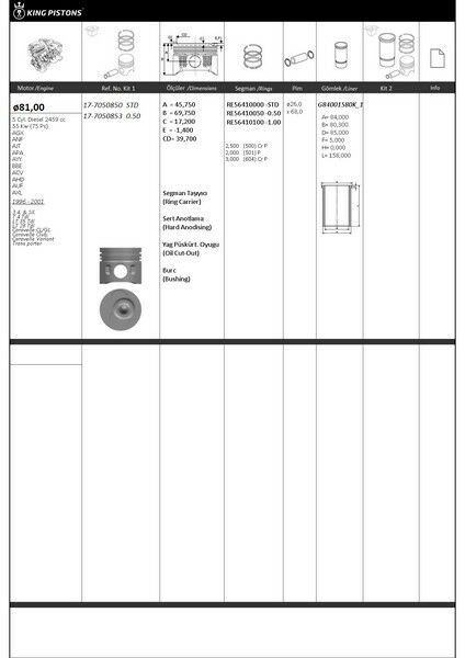 PİSTON KİTİ 1 3.4. 5 SİL. 81 STD VW-AUDI-SKODA-SEAT 3.4. SİL. T 4 TDİ LT 35 TDİ LT 28 TDİ CARA VELLE CL/GL CARAVELLE CLUB CARAVELLE VARİANT TRANS PORTER AGX-ANF-AJT-APA-AYY-BBE-ACV-AHD-AUF-AXL-KINGPISTON 17-7050850-074107065AB